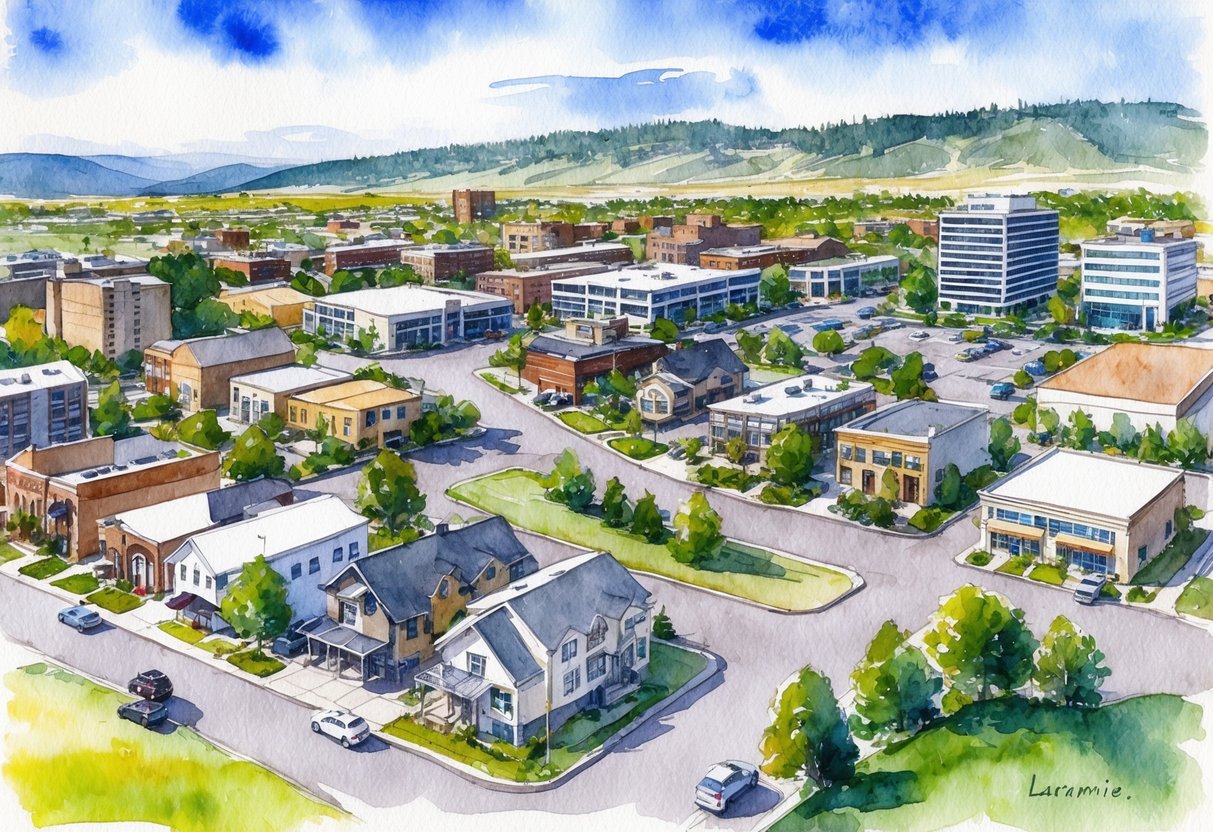 A bustling cityscape with various real estate properties including residential homes, commercial buildings, and vacant land for potential development in Laramie, Wyoming