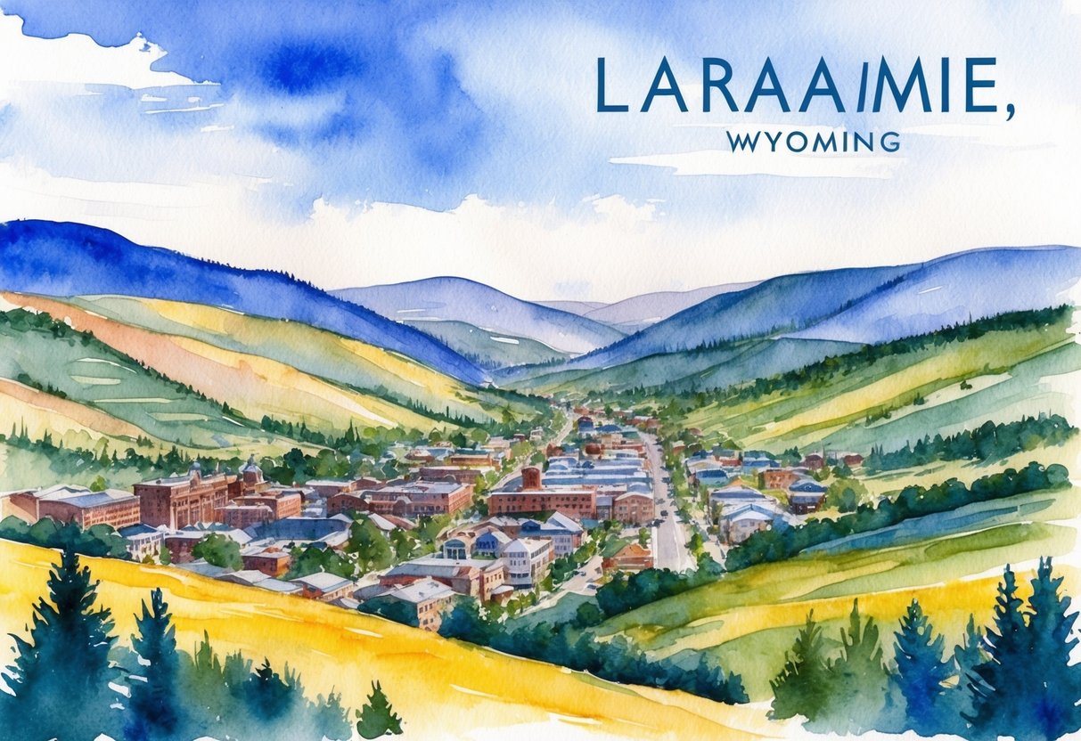A picturesque landscape of Laramie, Wyoming with rolling hills, blue skies, and a charming town nestled in the valley