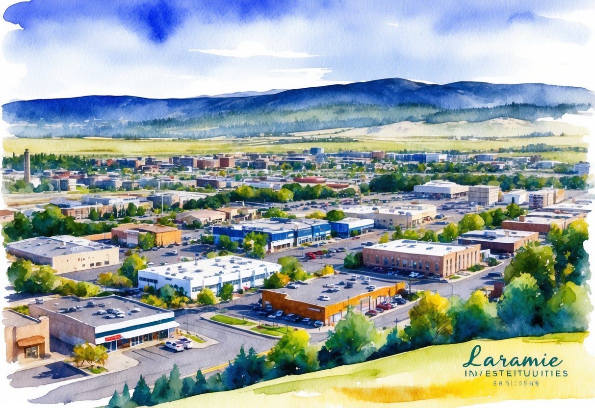 A scenic view of Laramie, Wyoming with a mix of residential and commercial properties, showcasing the potential for real estate investment opportunities