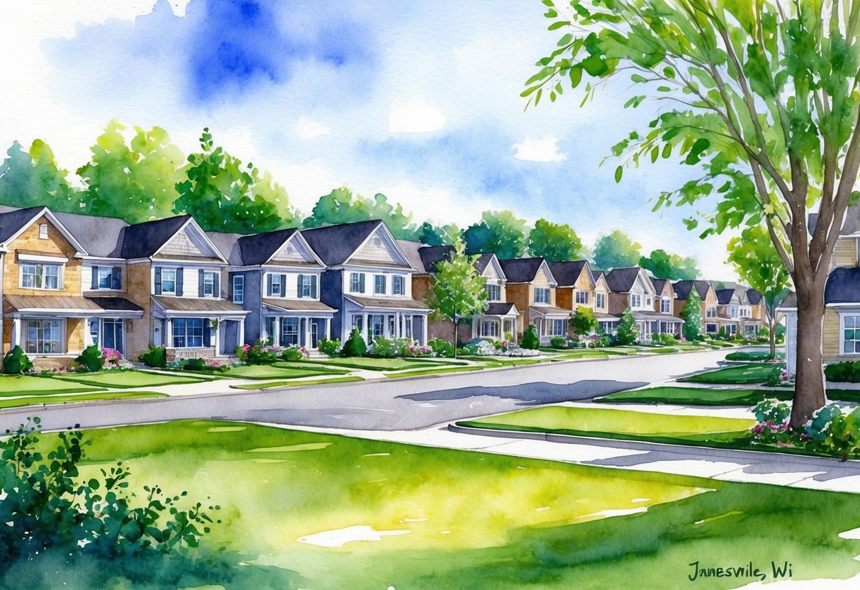 A suburban neighborhood in Janesville, WI with rows of well-maintained houses, lush green lawns, and a peaceful, family-friendly atmosphere