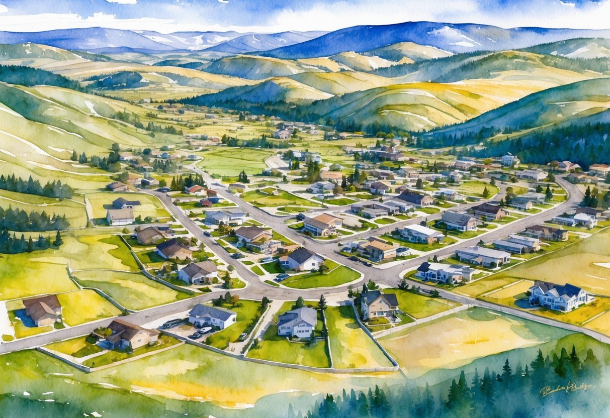 Aerial view of Laramie, Wyoming surrounded by rolling hills and open land, with various types of real estate properties scattered throughout the area