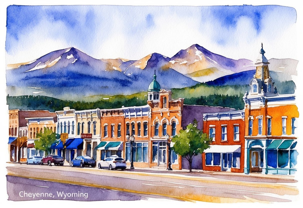 A picturesque view of Cheyenne, Wyoming featuring a row of charming historic buildings and a backdrop of the beautiful Rocky Mountains