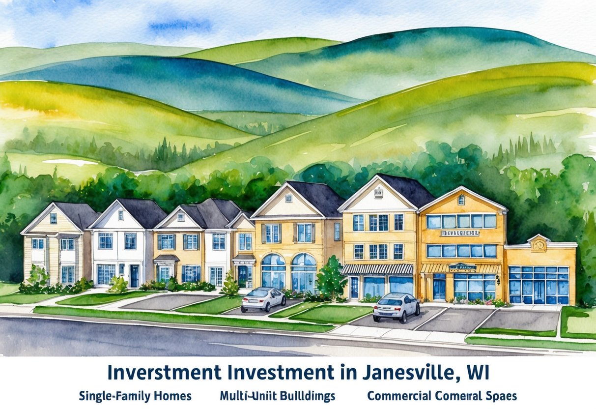 A row of diverse investment properties in Janesville, WI, including single-family homes, multi-unit buildings, and commercial spaces, set against a backdrop of rolling hills and greenery