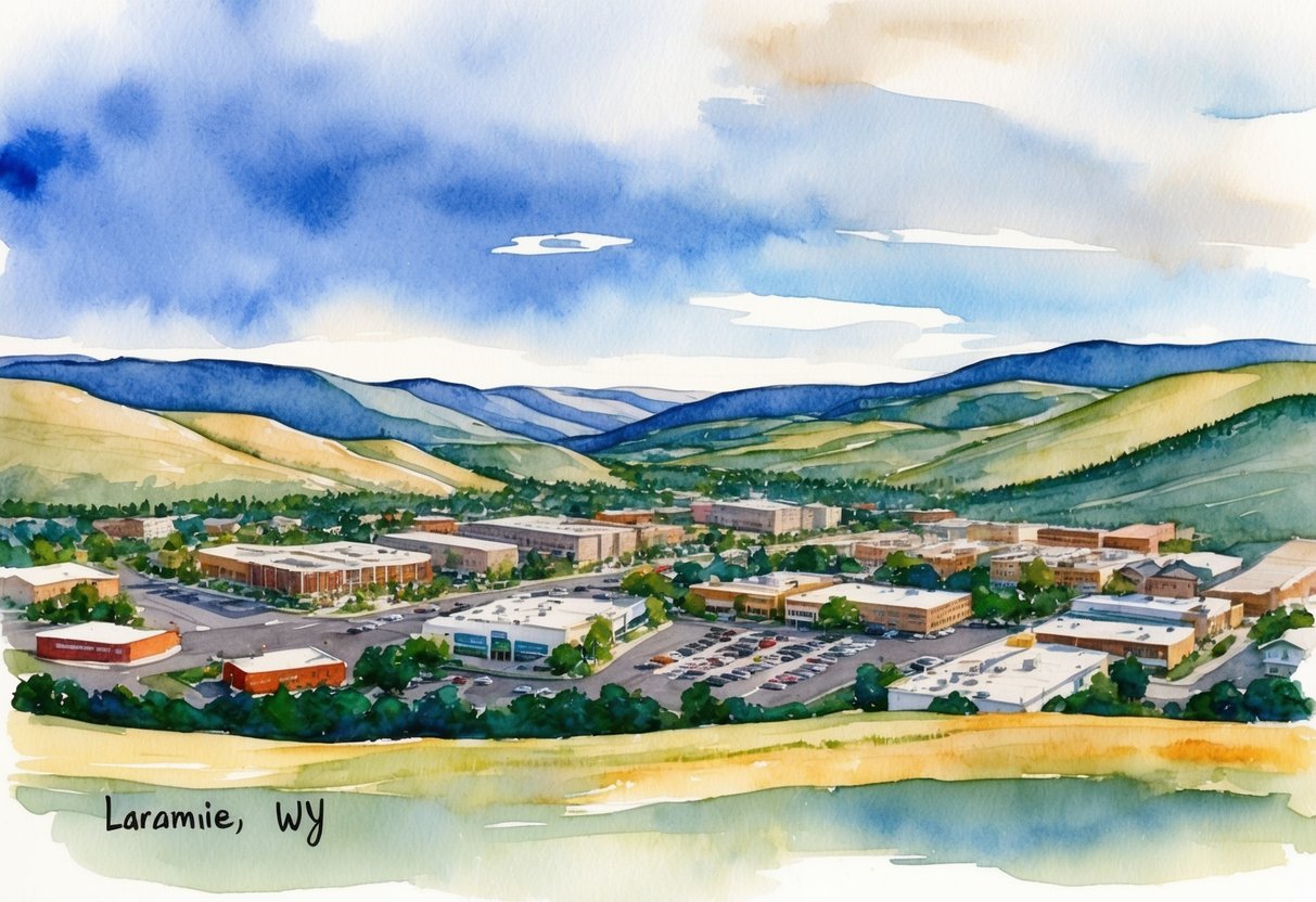 A serene landscape of Laramie, WY with a mix of residential and commercial properties, surrounded by rolling hills and the vast Wyoming sky