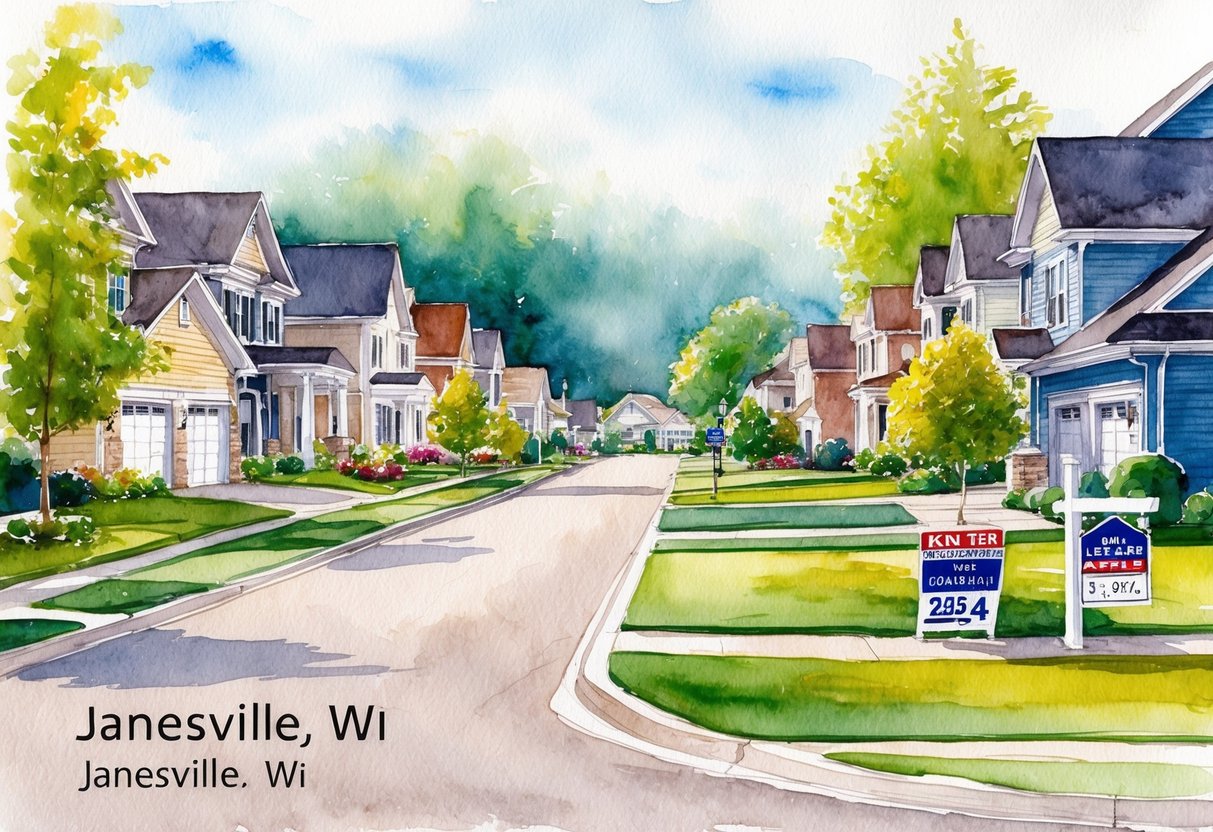 A suburban street in Janesville, WI with neatly kept homes, manicured lawns, and real estate signs