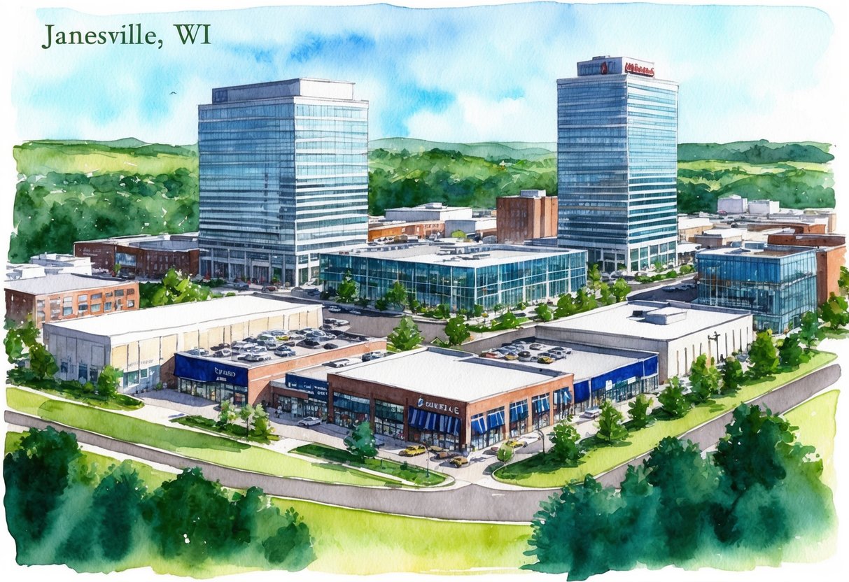 A bustling cityscape with modern office buildings and retail spaces, surrounded by greenery and located in Janesville, WI