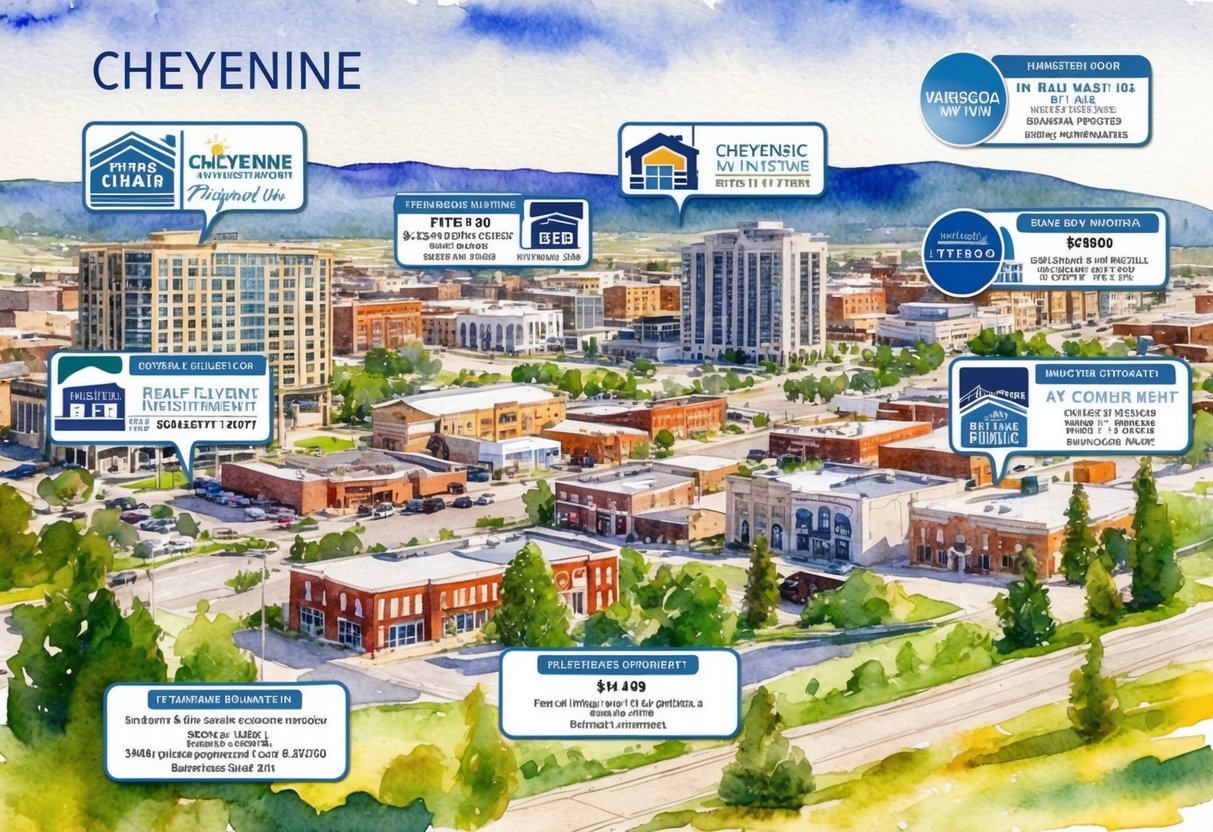 A scenic view of Cheyenne, Wyoming with various real estate properties and investment opportunities highlighted