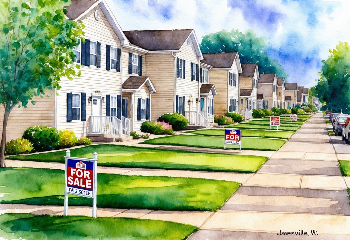 A suburban neighborhood in Janesville, WI with rows of rental properties and "For Sale" signs. Well-kept lawns and tidy sidewalks