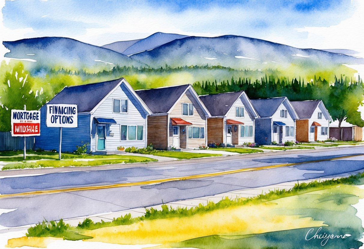 A sunny day in Cheyenne, Wyoming. A row of houses with "Financing Options" and "Mortgage Landscape" signs. Mountains in the distance