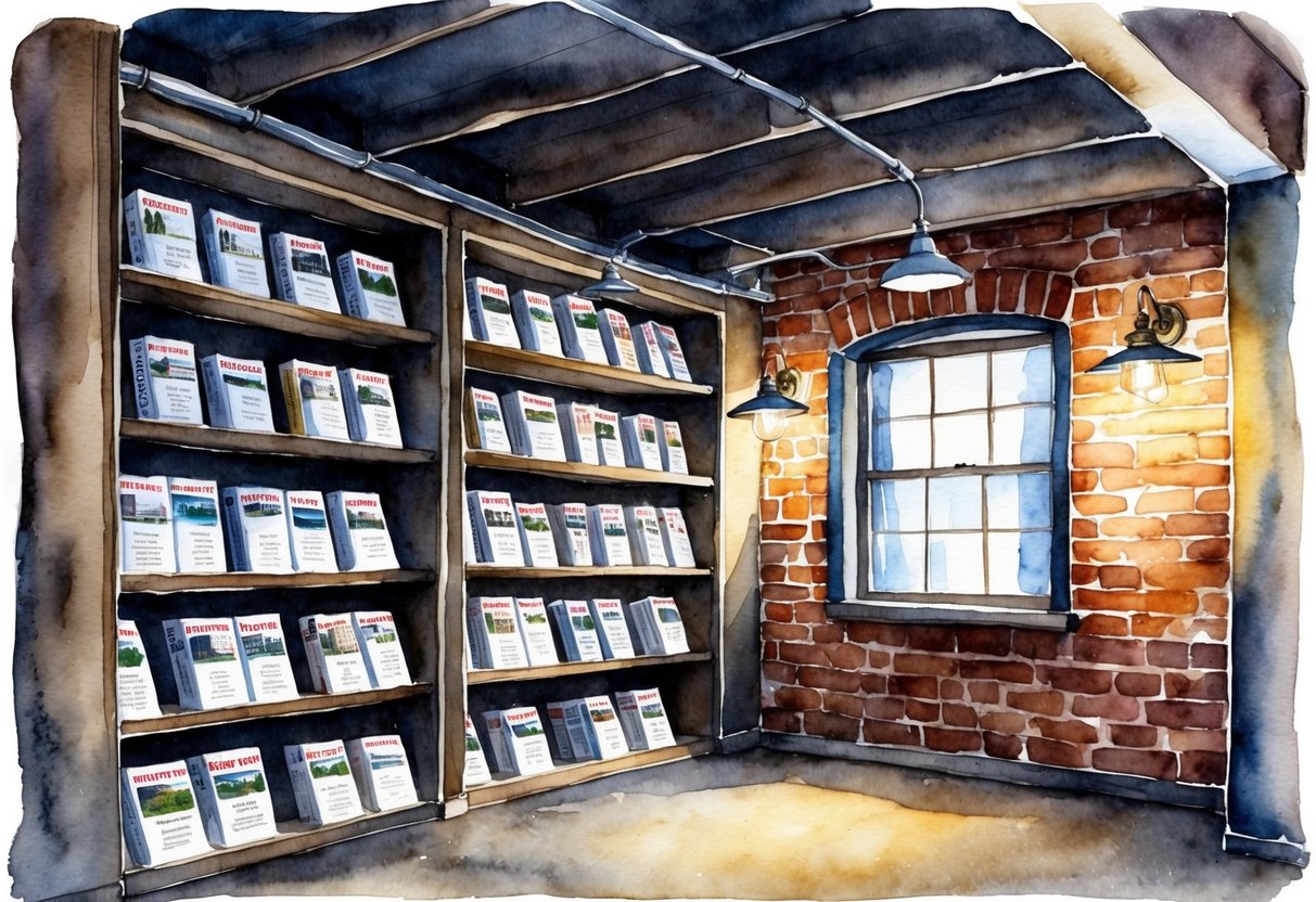 A dimly lit basement with shelves of investment property brochures and unique features like exposed brick walls and vintage fixtures