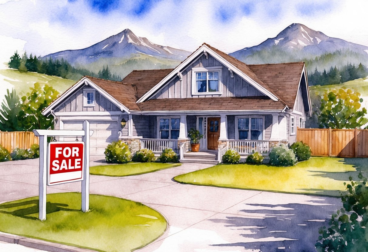 A cozy house with a "For Sale" sign in the front yard, surrounded by a spacious yard and a picturesque mountain view in the background