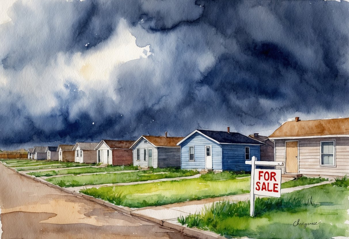 A stormy sky looms over a row of vacant properties in Cheyenne, Wyoming, while a "For Sale" sign flaps in the wind