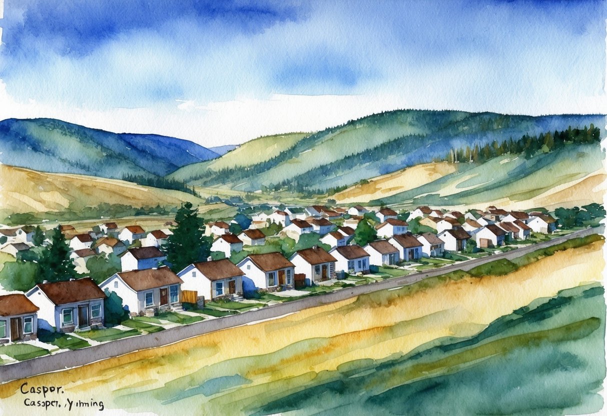 A serene landscape of Casper, Wyoming with rows of houses, rolling hills, and a clear blue sky