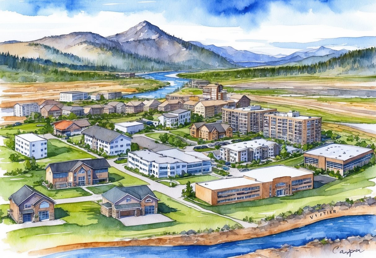 A scenic view of Casper, Wyoming with various real estate properties such as houses, apartments, and commercial buildings. The landscape includes mountains, rivers, and open spaces, showcasing the potential for real estate investing in the area
