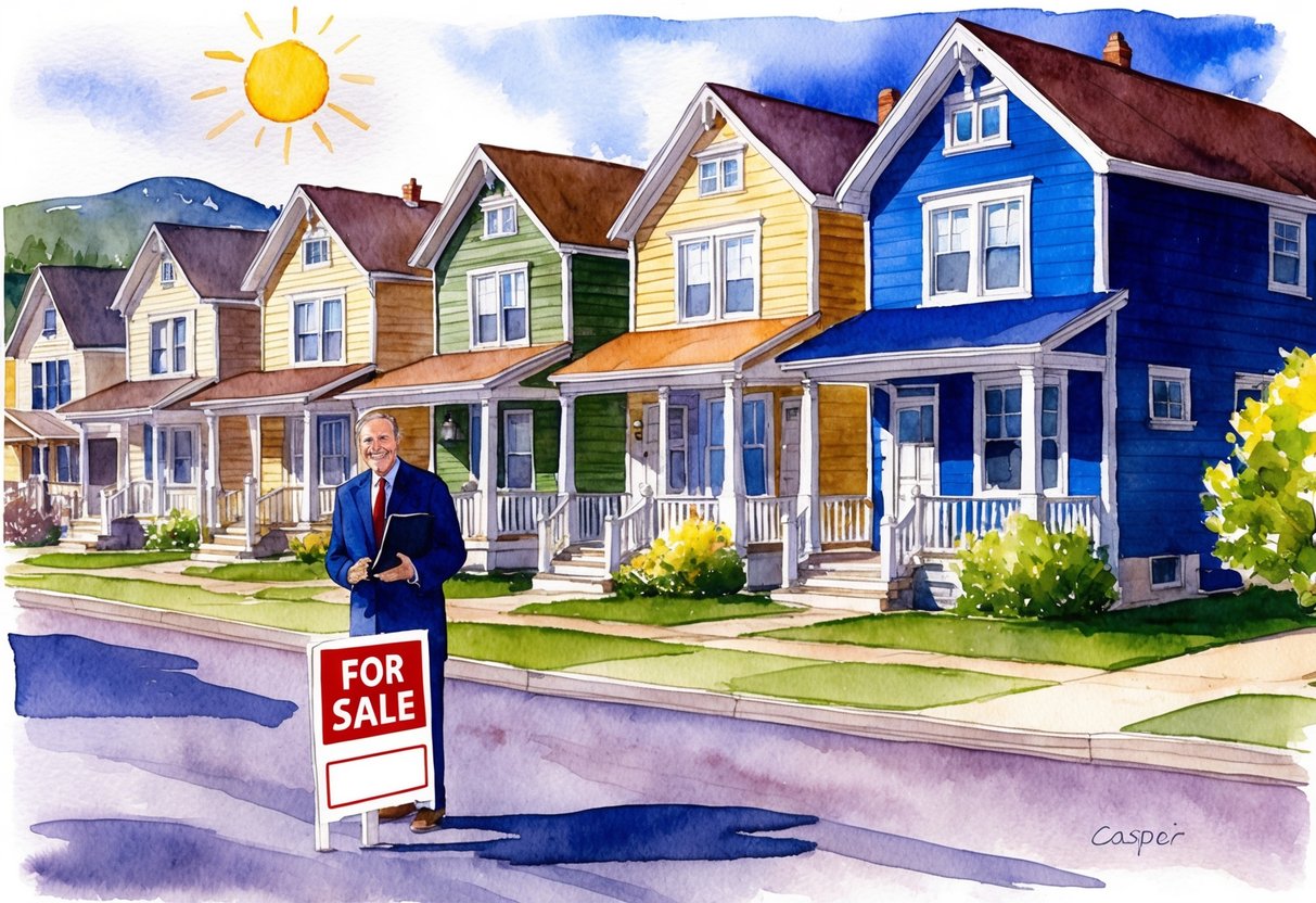 A sunny day in Casper, Wyoming, with a row of charming houses and a "For Sale" sign. A real estate agent greets potential investors