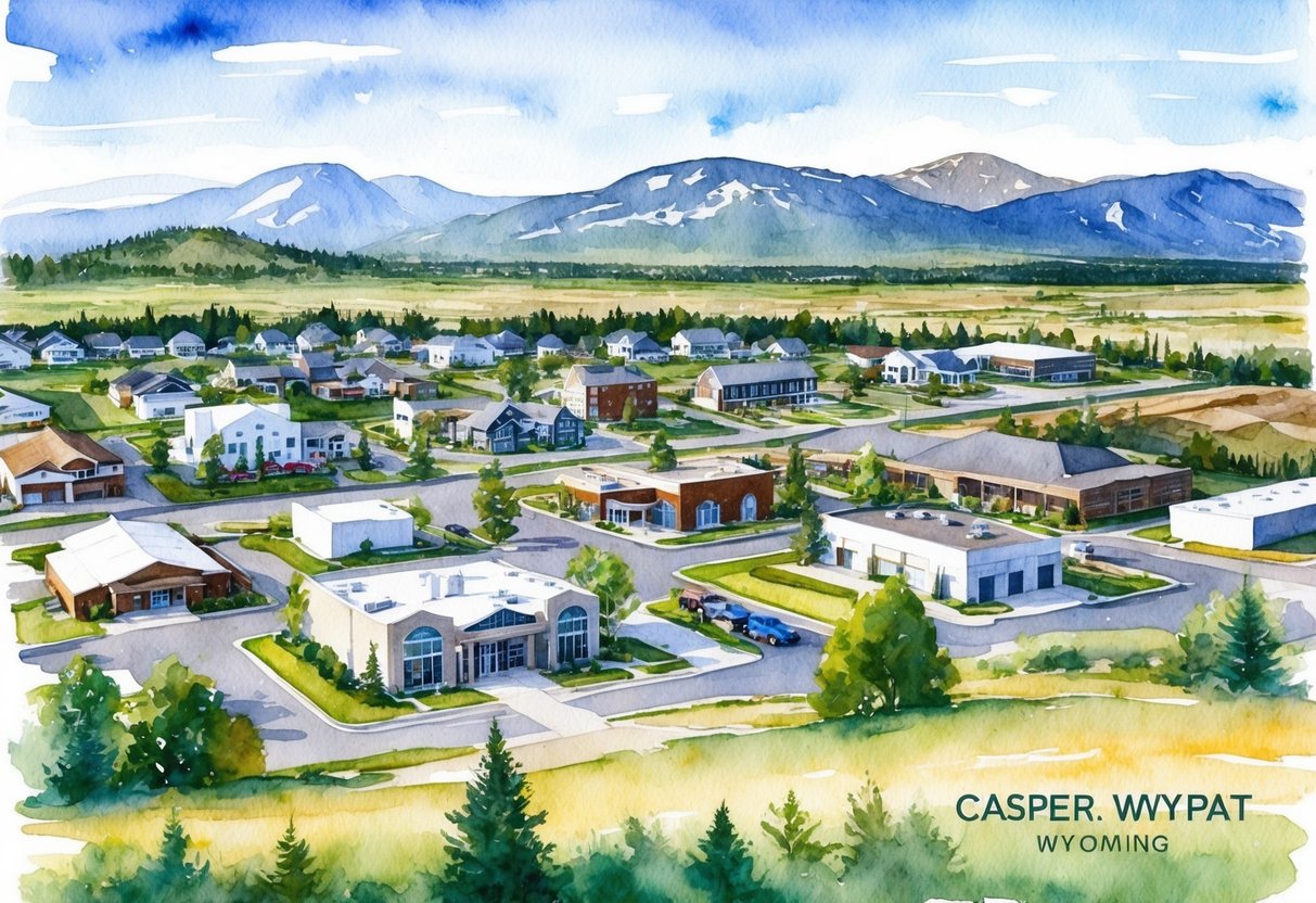 A scenic view of various real estate properties in Casper, Wyoming, including residential homes, commercial buildings, and vacant land for potential investment