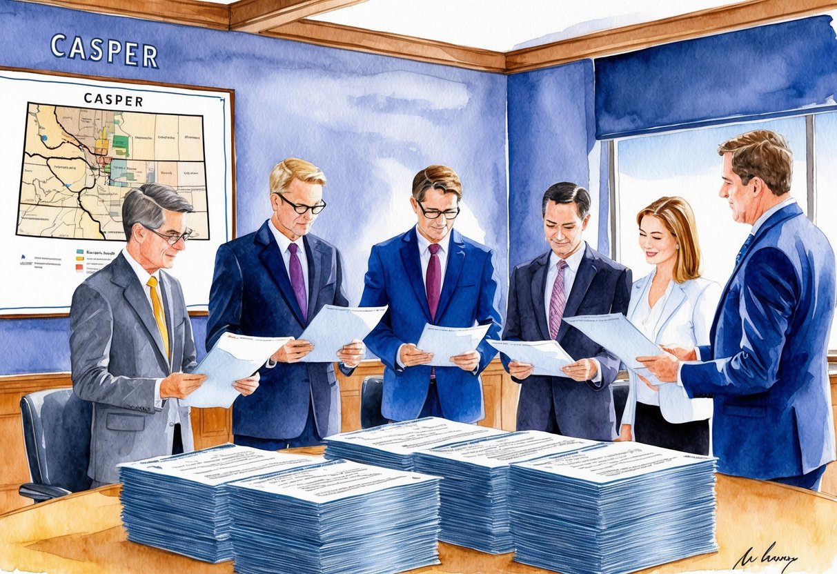 A group of investors review legal documents in a conference room, with a map of Casper, Wyoming on the wall and a stack of real estate contracts on the table