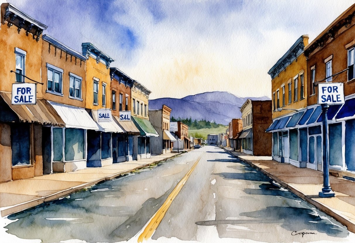 A deserted street in Casper, Wyoming, with "For Sale" signs on empty buildings and a sense of stillness in the air
