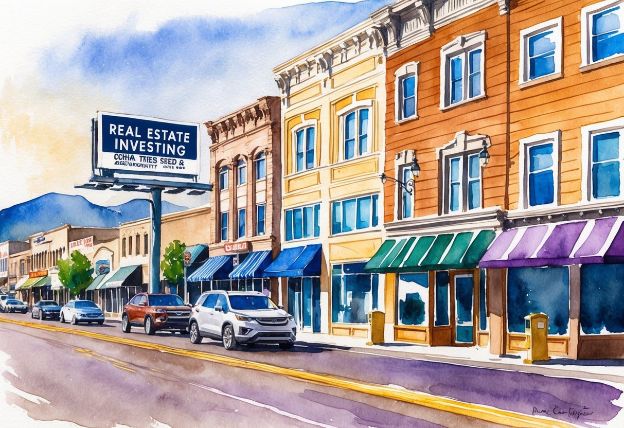 A bustling street in Casper, Wyoming, with vibrant storefronts and a mix of modern and historic architecture. A billboard advertises real estate investing opportunities