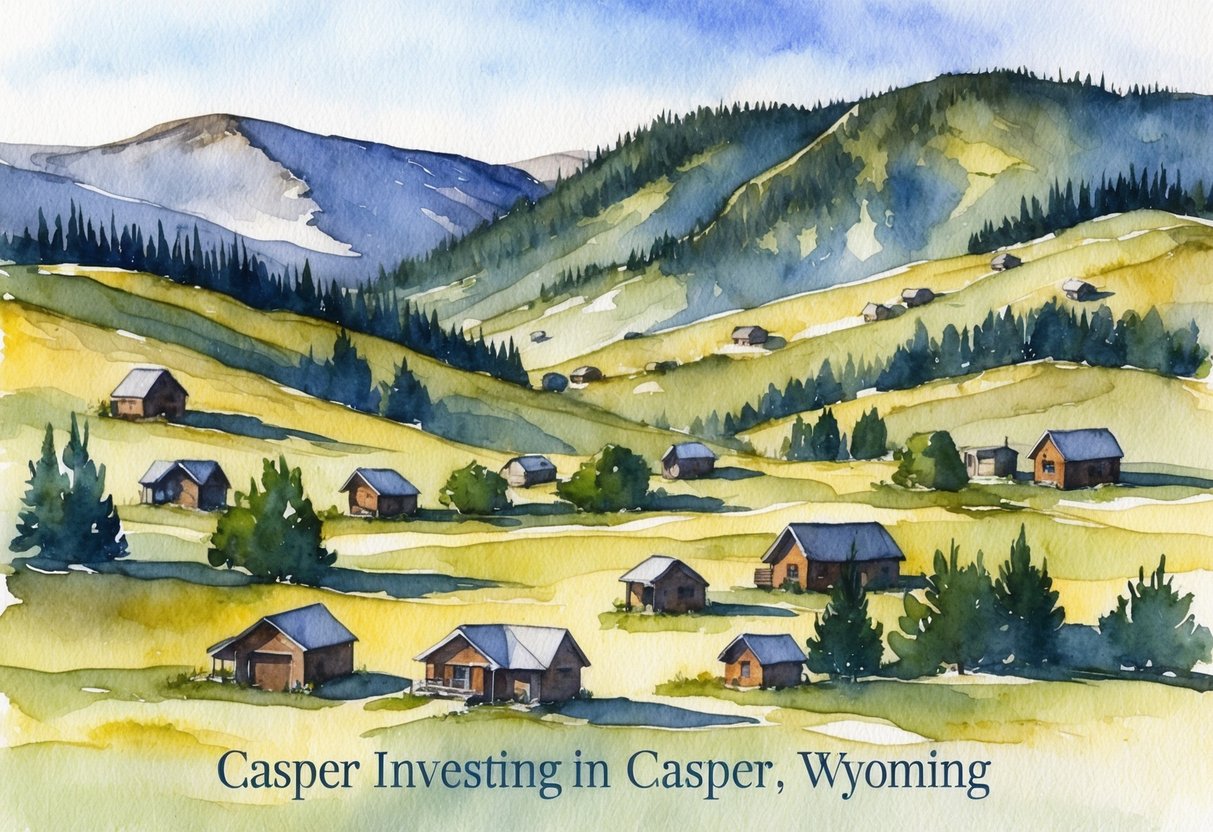 A rugged landscape with rolling hills and scattered properties, symbolizing the challenges and risks of real estate investing in Casper, Wyoming