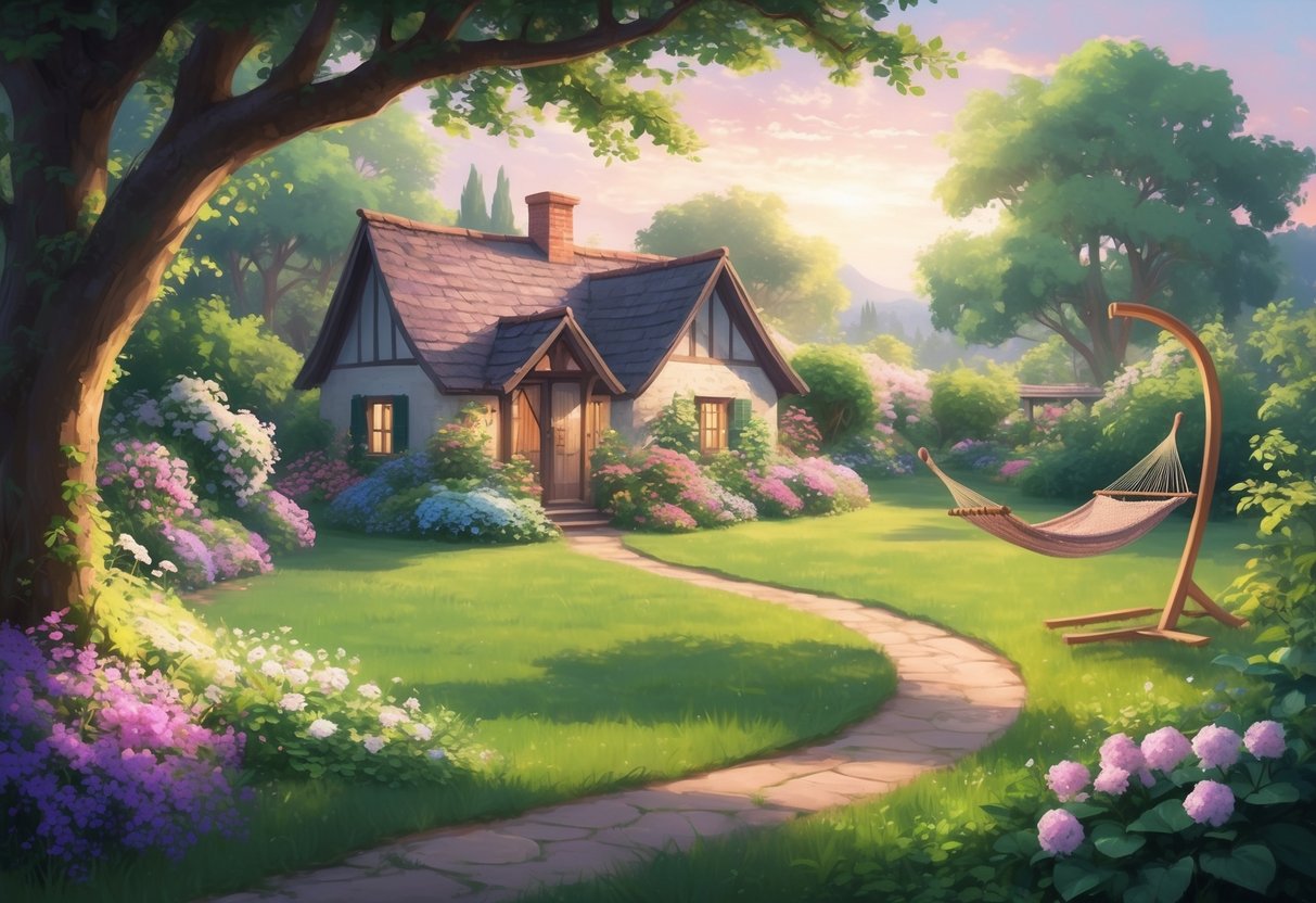 A peaceful garden with a winding path leading to a cozy cottage nestled among blooming flowers and lush greenery, with a hammock swaying in the gentle breeze