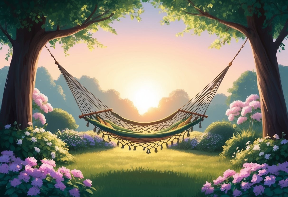 A serene garden with a hammock strung between two trees, surrounded by blooming flowers and lush greenery. The sun is setting, casting a warm glow over the peaceful scene