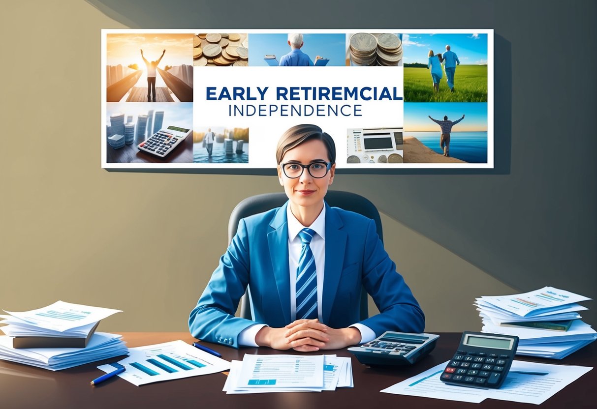 A person sitting at a desk, surrounded by financial documents and a calculator. A vision board with images of early retirement and financial independence is displayed on the wall