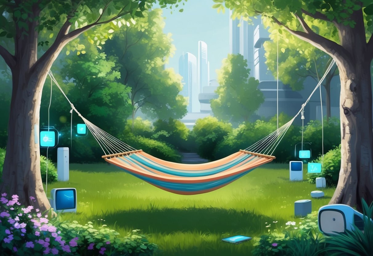 A serene garden with a hammock strung between two trees, surrounded by a mix of lush greenery and modern technology