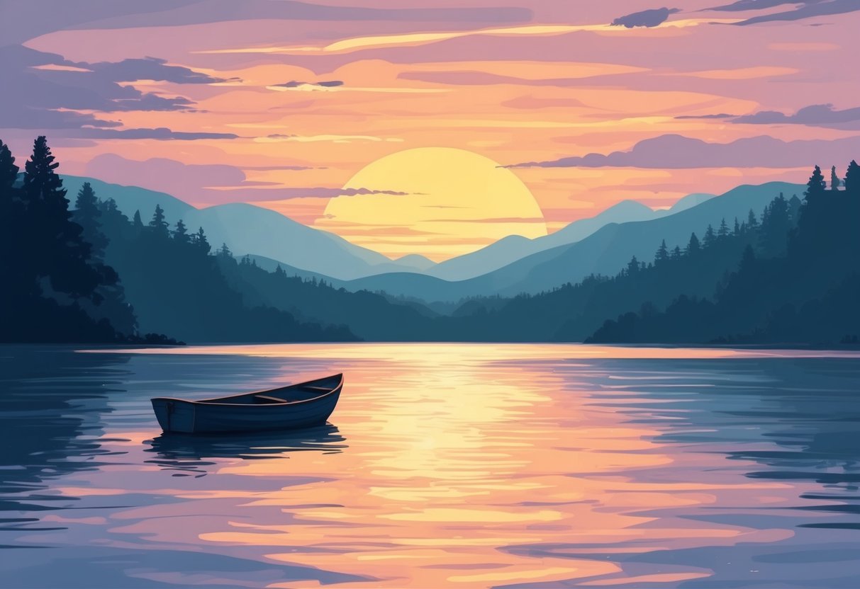 A serene sunset over a tranquil lake, with a small boat drifting peacefully on the water, symbolizing the gradual transition towards financial freedom