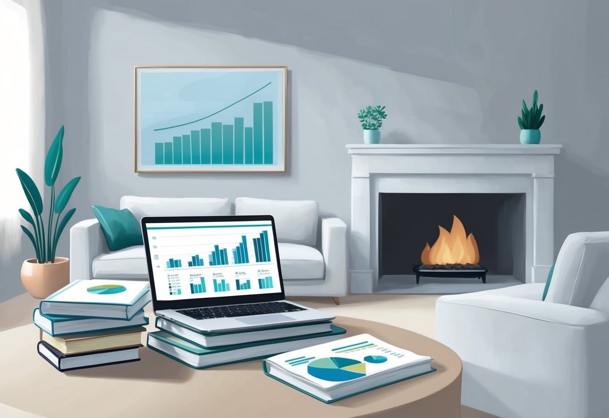 A serene, minimalist living room with a cozy fireplace, a stack of financial planning books, and a laptop displaying investment charts