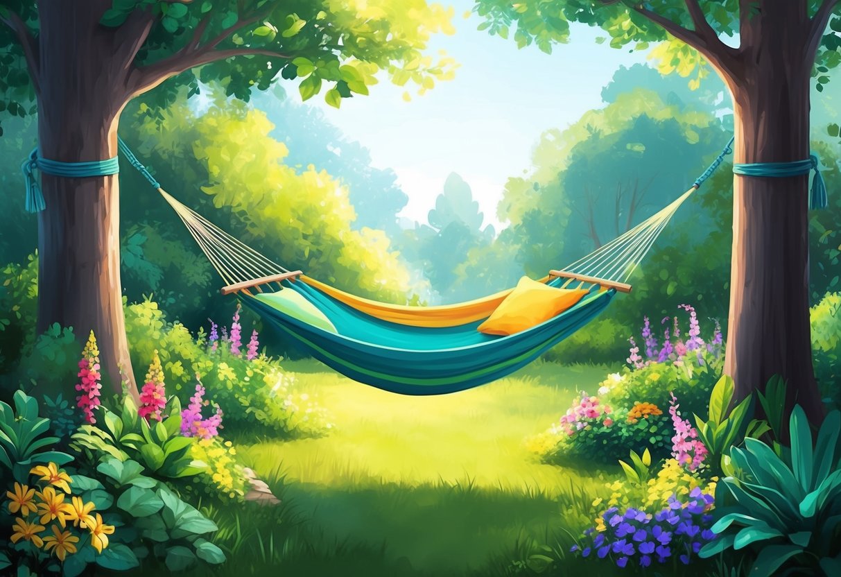 A serene garden with a hammock strung between two trees, surrounded by a mix of lush greenery and vibrant flowers, offering a peaceful retreat