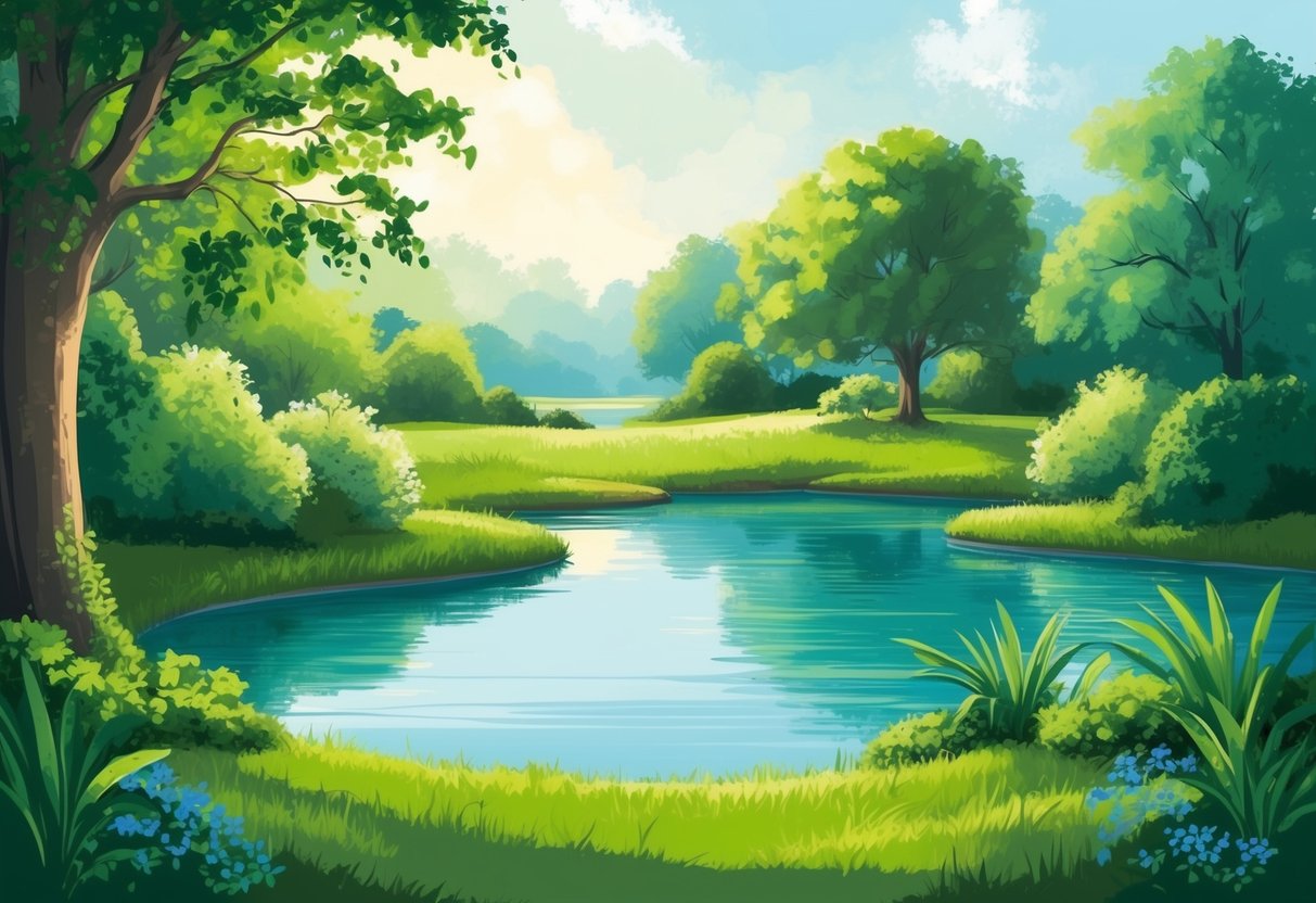 A serene landscape with a tranquil pond surrounded by lush greenery, symbolizing a secure financial foundation and the ease of semi-retirement