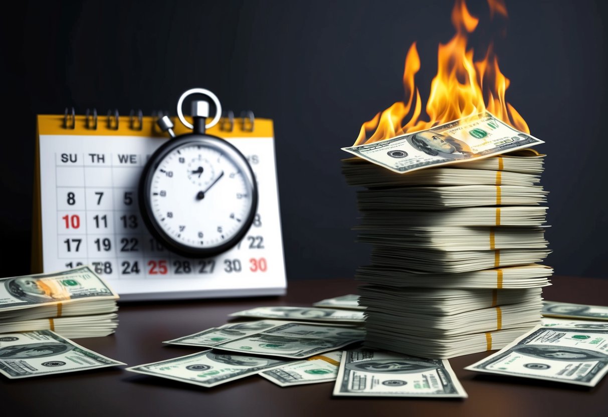 A stack of burning dollar bills with a stopwatch and a calendar in the background