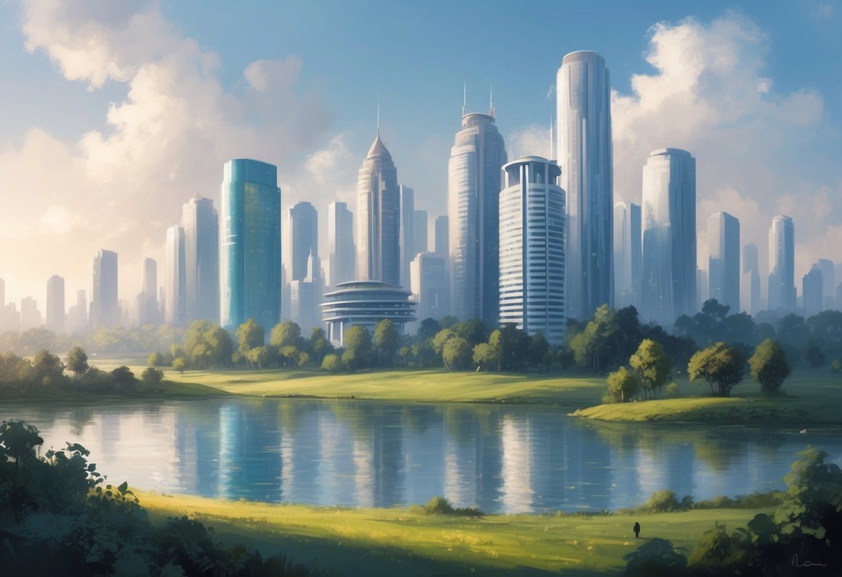 A serene landscape with a balance of bustling city and peaceful nature, symbolizing the harmony of work and leisure