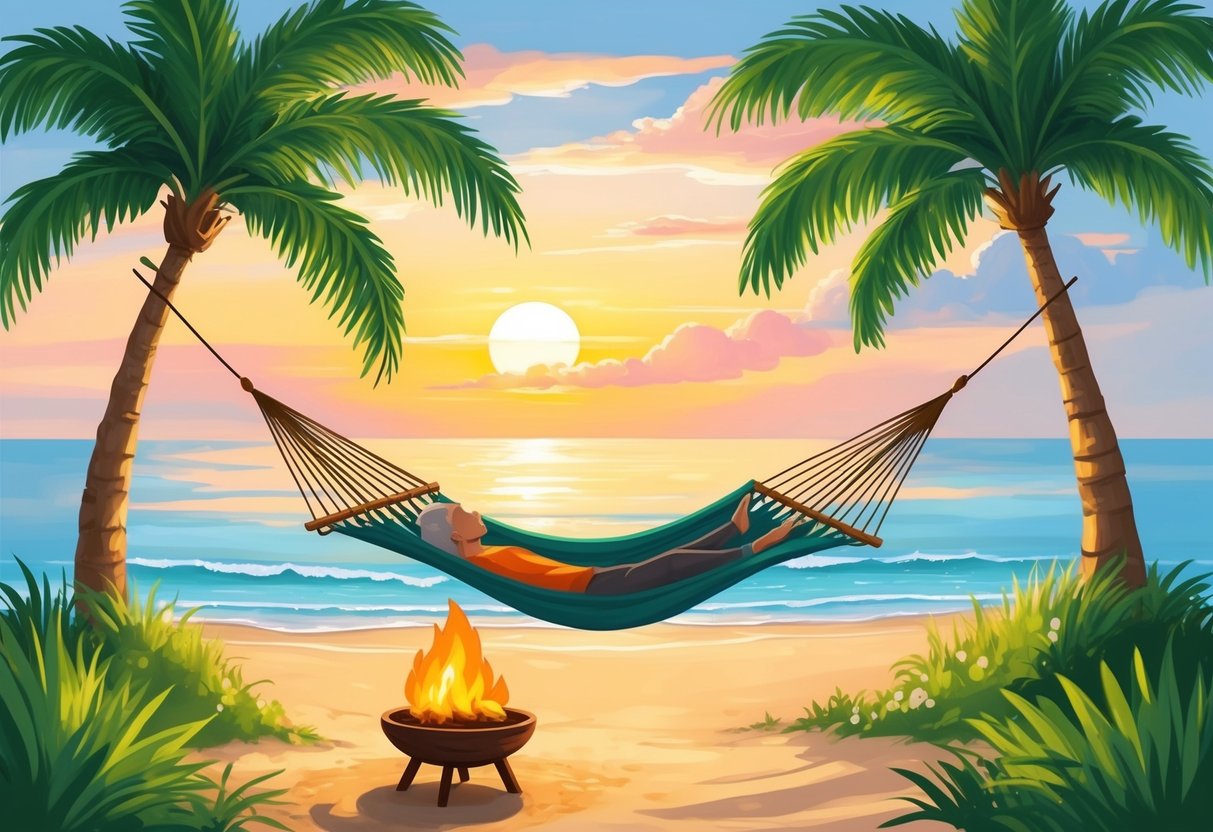 A serene and peaceful beach at sunset, with a hammock strung between two palm trees and a small fire pit nearby, symbolizing a relaxed and gradual transition into retirement