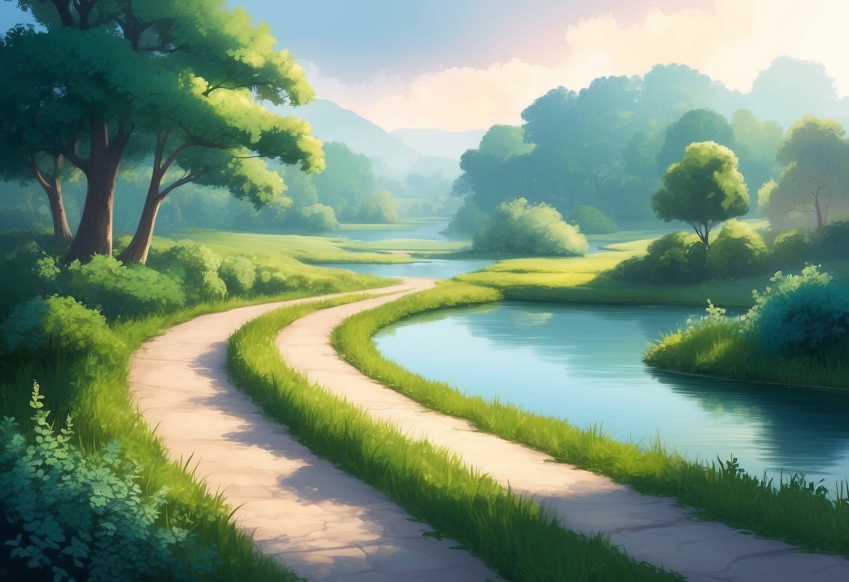 A serene path winding through a tranquil landscape, with a balance of lush greenery and peaceful water features