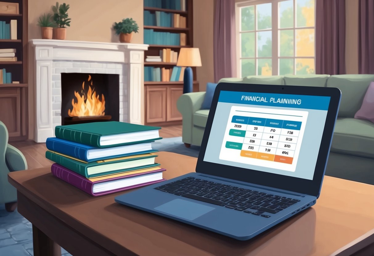 A serene, cozy living room with a crackling fireplace, a stack of financial planning books, and a laptop open to a retirement calculator