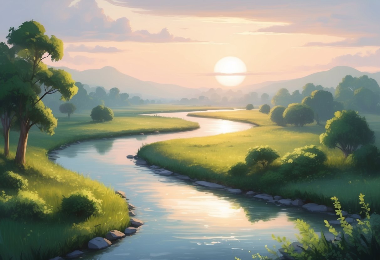 A peaceful, serene landscape with a winding river, lush greenery, and a soft sunset casting a warm glow over the scene