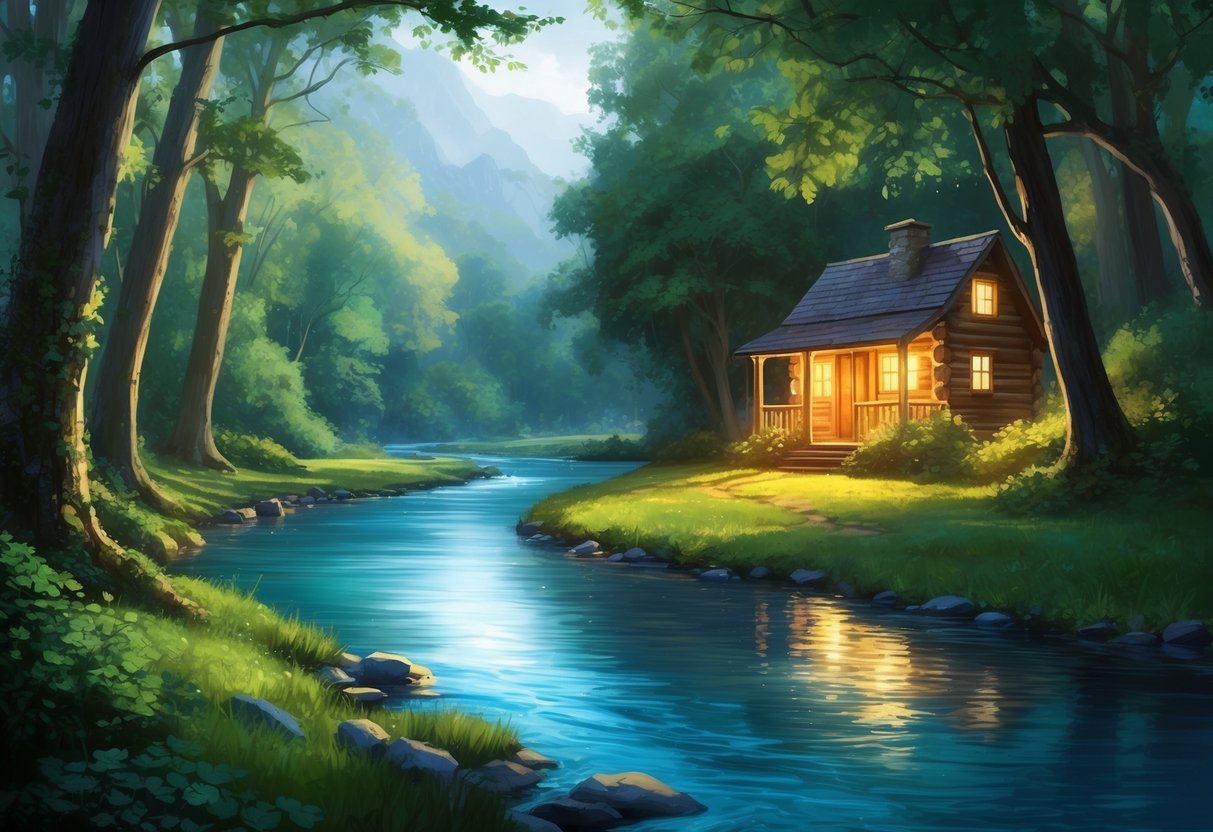A tranquil river flowing through a lush forest, with a small cabin nestled among the trees and a warm glow emanating from its windows
