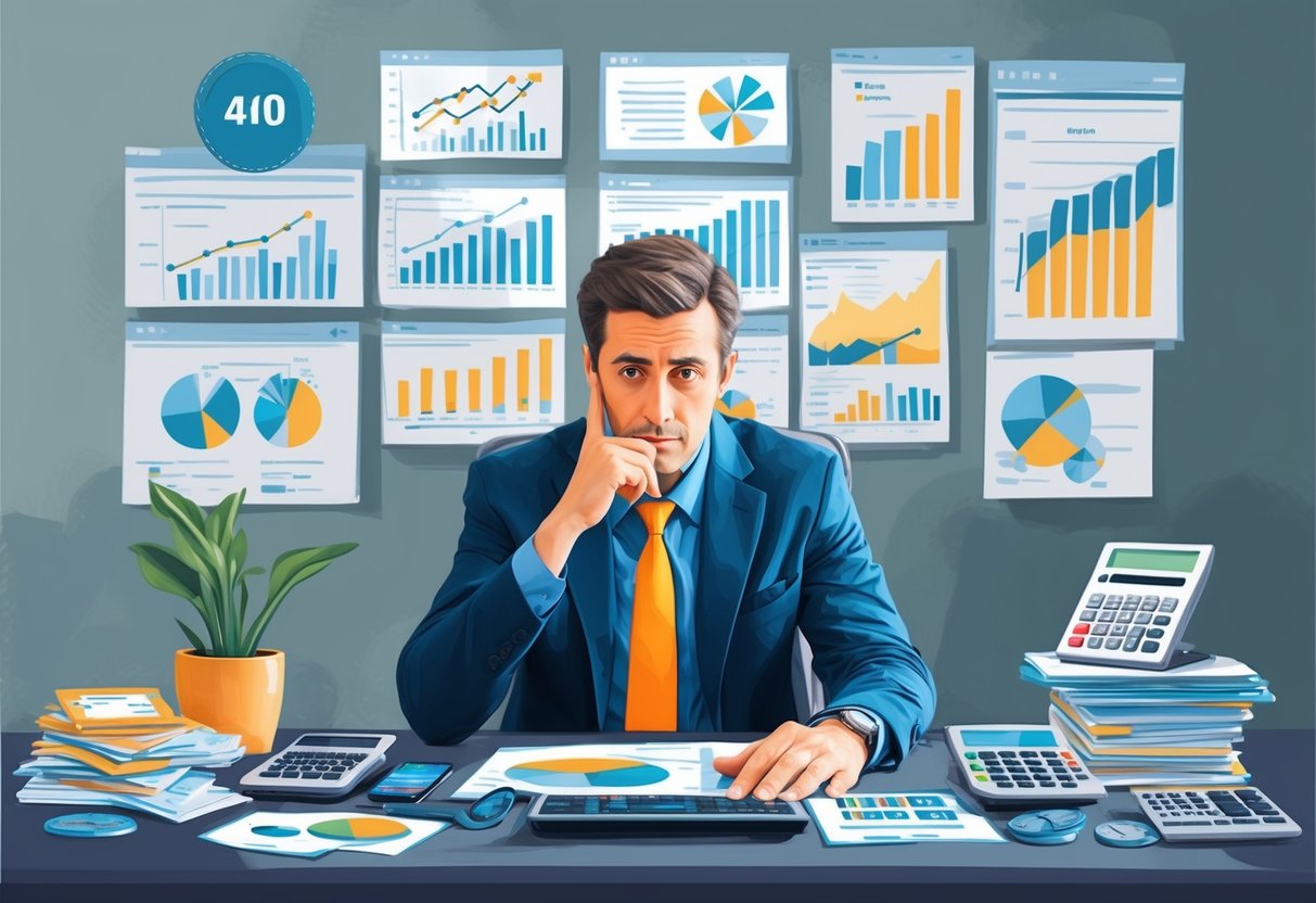 A person sitting at a desk, surrounded by financial charts, graphs, and calculators. The person is deep in thought, contemplating investment strategies for achieving financial independence and retiring early after 40