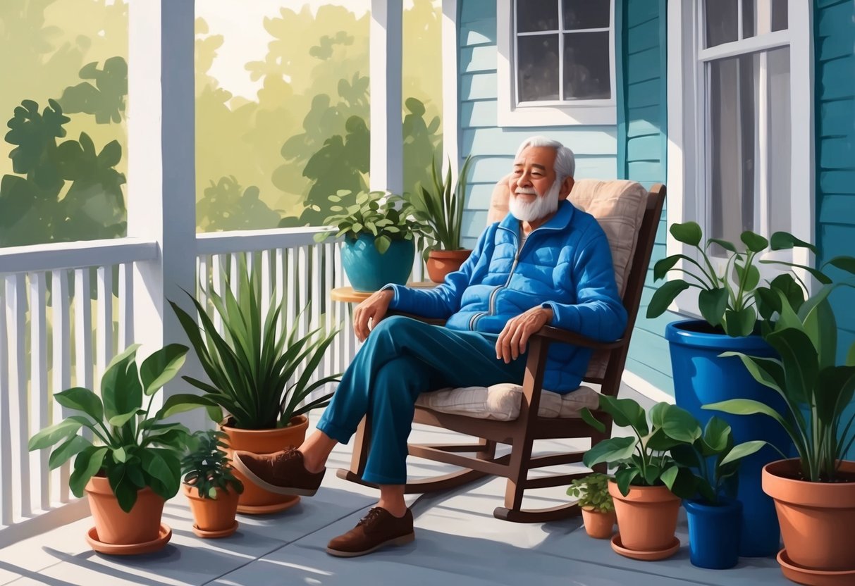 An older individual sitting on a porch, surrounded by potted plants and a cozy chair, looking content and relaxed