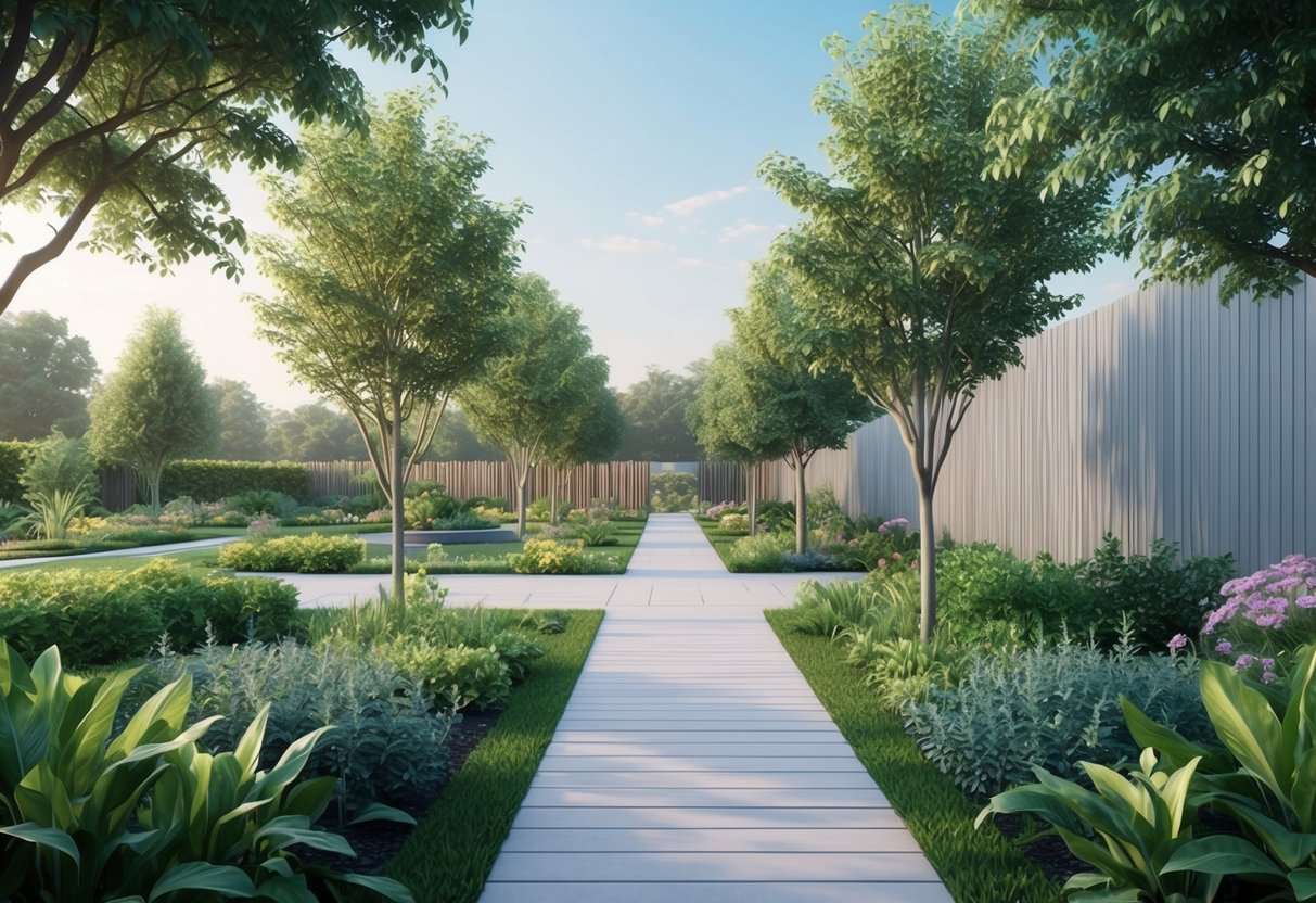 A peaceful garden with a balance of lush greenery and structured pathways, symbolizing the harmonious blend of work and relaxation in a hybrid retirement