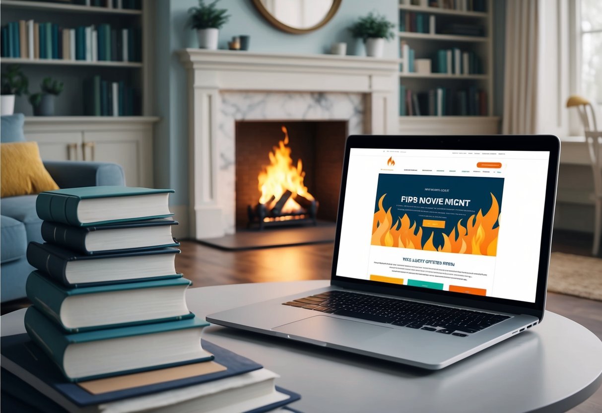 A serene, cozy living room with a crackling fireplace, a stack of financial books, and a laptop open to a FIRE movement website
