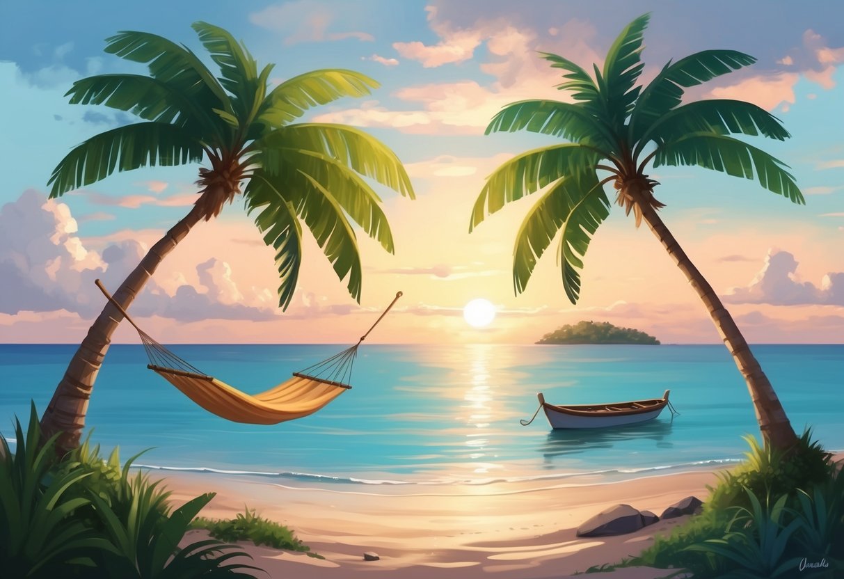 A serene beach at sunset with a hammock strung between two palm trees, a small boat anchored in the calm waters, and a distant island on the horizon
