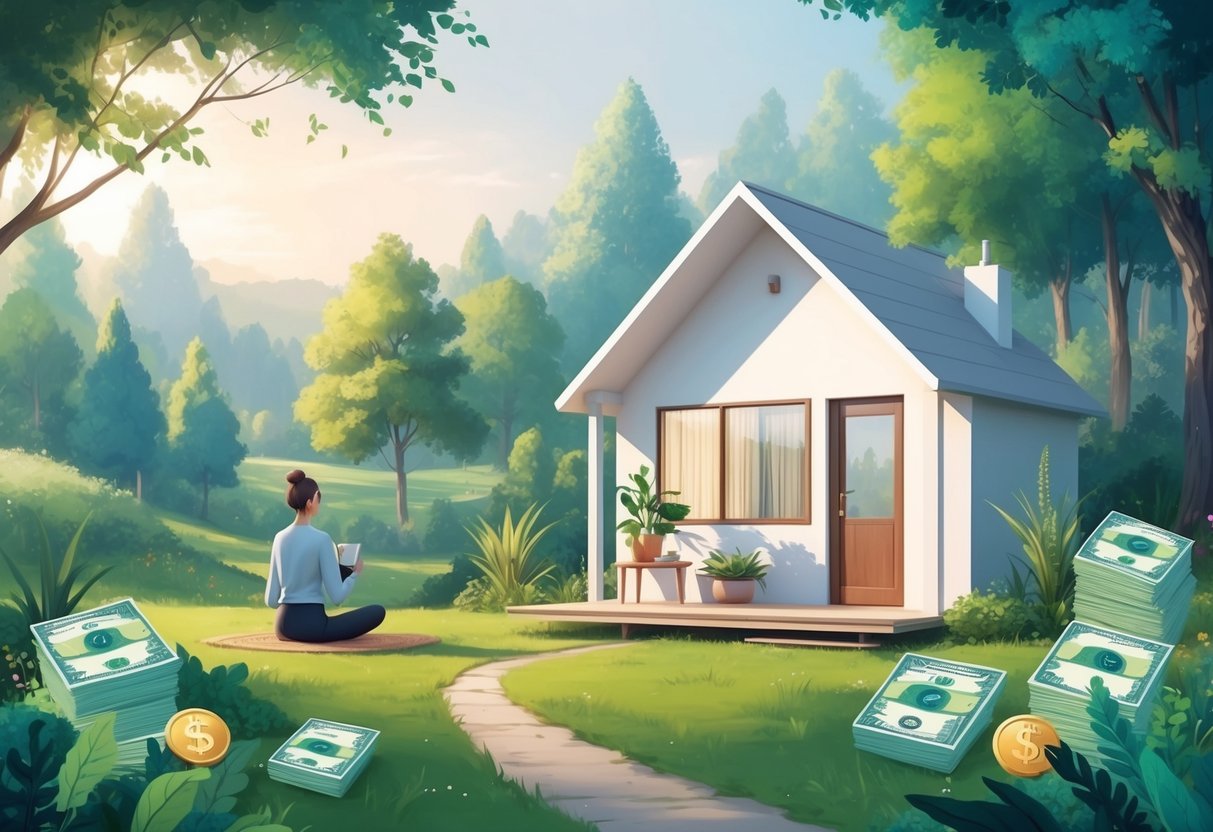 A serene, nature-filled landscape with a cozy, minimalist home and a person practicing sustainable living, surrounded by financial independence and early retirement resources