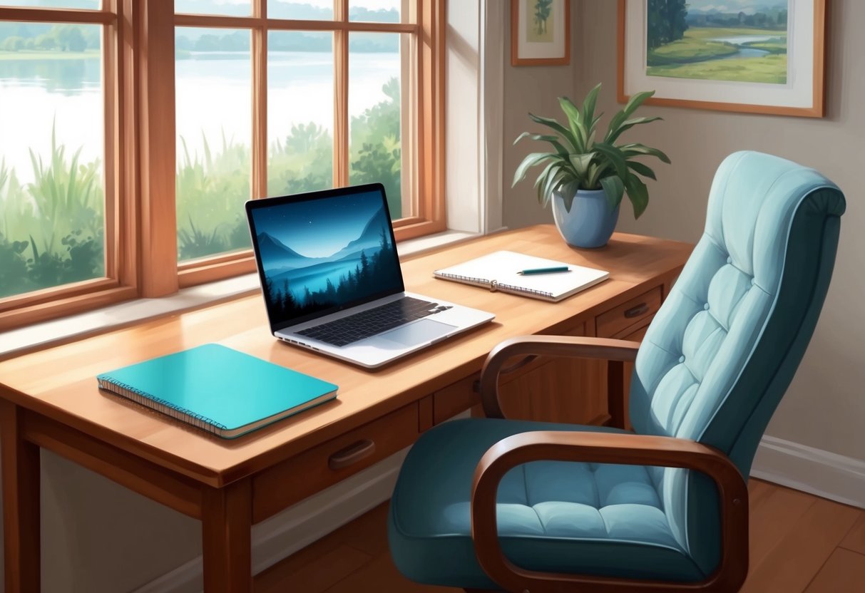 A cozy home office with a laptop, notebook, and pen on a wooden desk. A comfortable chair is positioned in front of the desk, with a view of a peaceful outdoor setting through the window