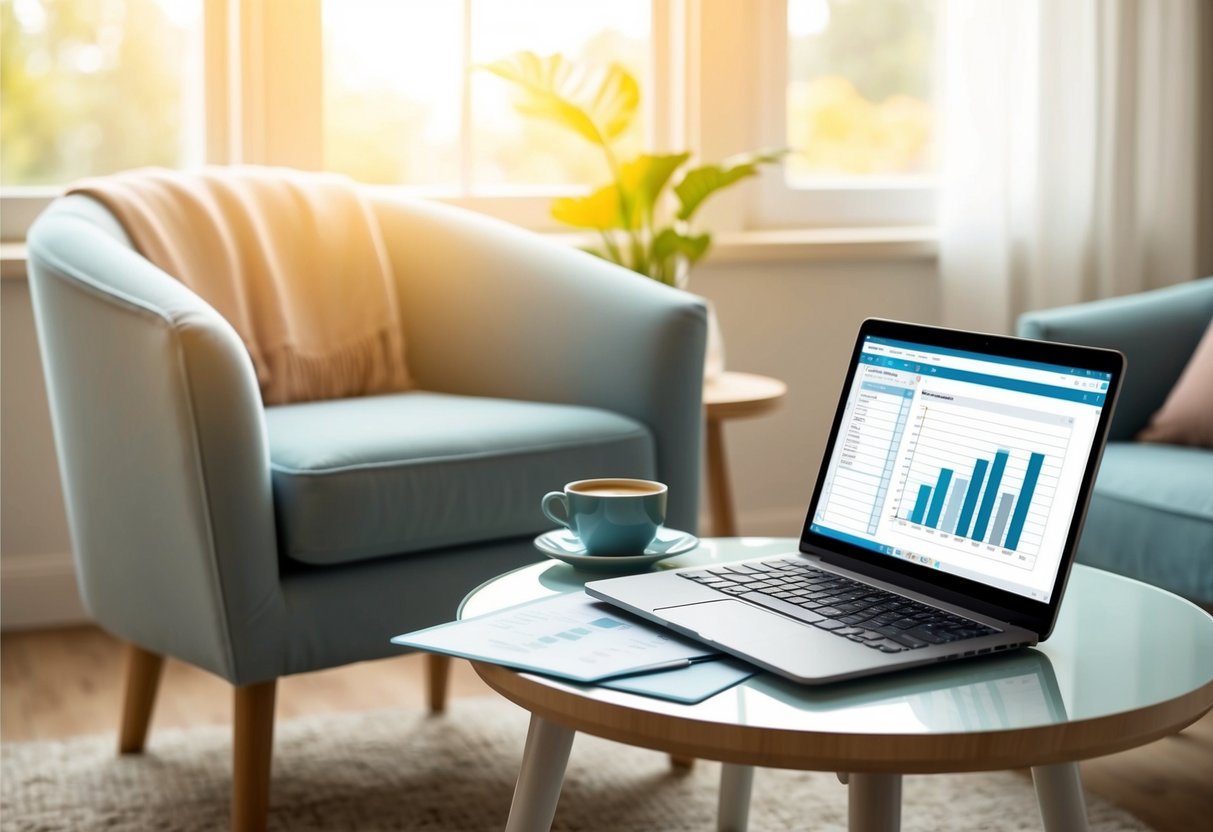A serene, sunlit room with a cozy armchair and a table holding a budget planner, a cup of coffee, and a laptop with financial planning software open