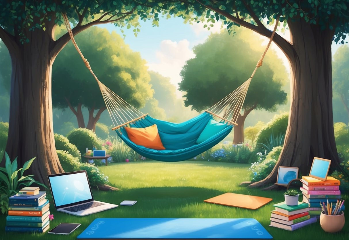 A serene garden with a hammock strung between two trees, surrounded by books and art supplies, with a laptop and a yoga mat nearby