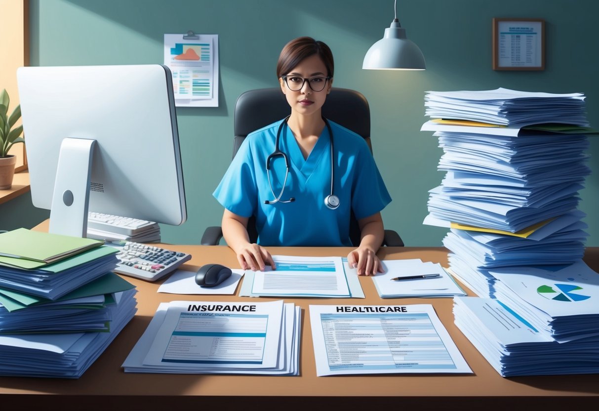 A person sitting at a desk surrounded by paperwork, a computer, and medical charts. A stack of insurance and healthcare documents are neatly organized on the desk