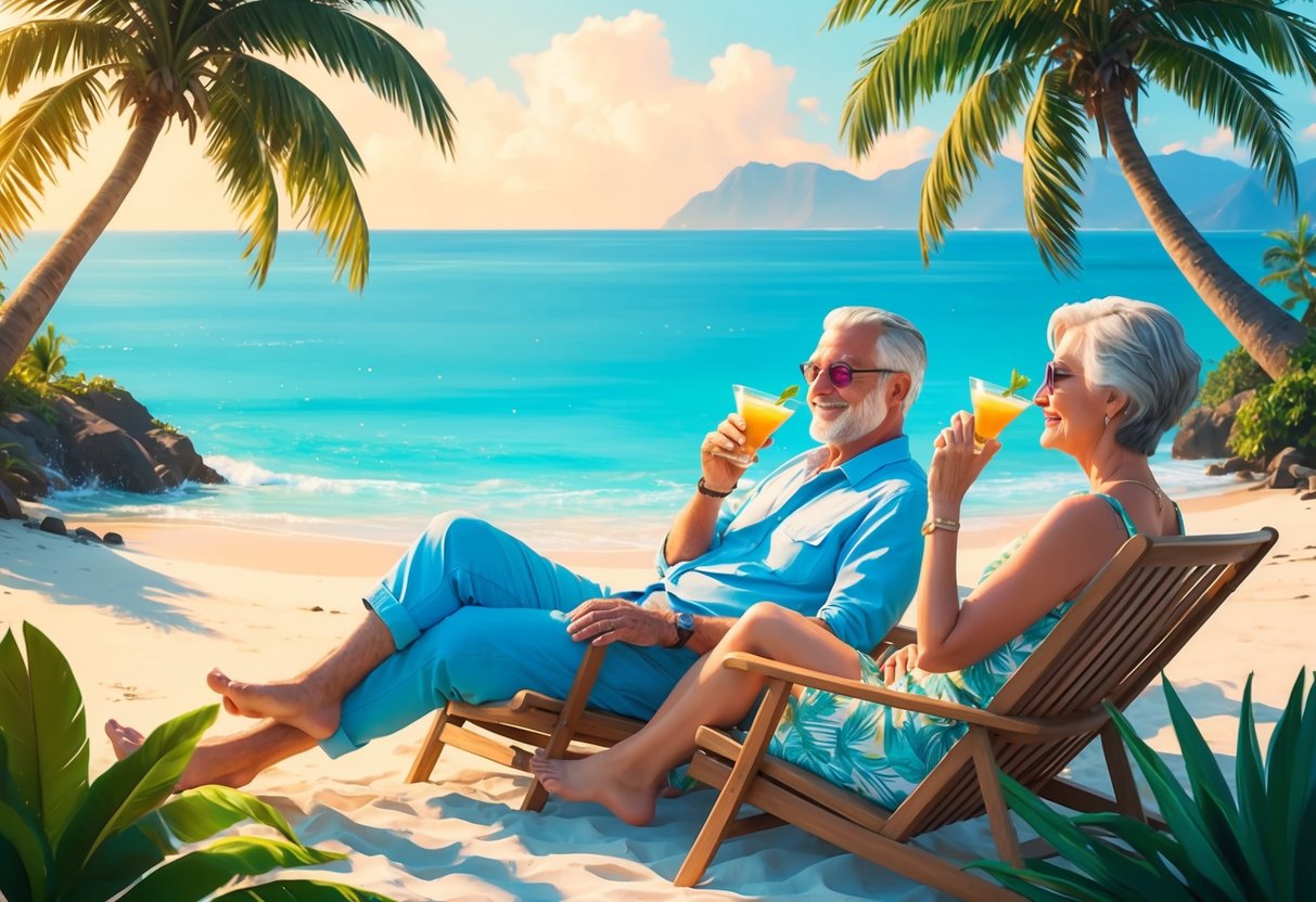 A serene 50-year-old couple lounging on a tropical beach, sipping cocktails, surrounded by palm trees and a crystal-clear ocean